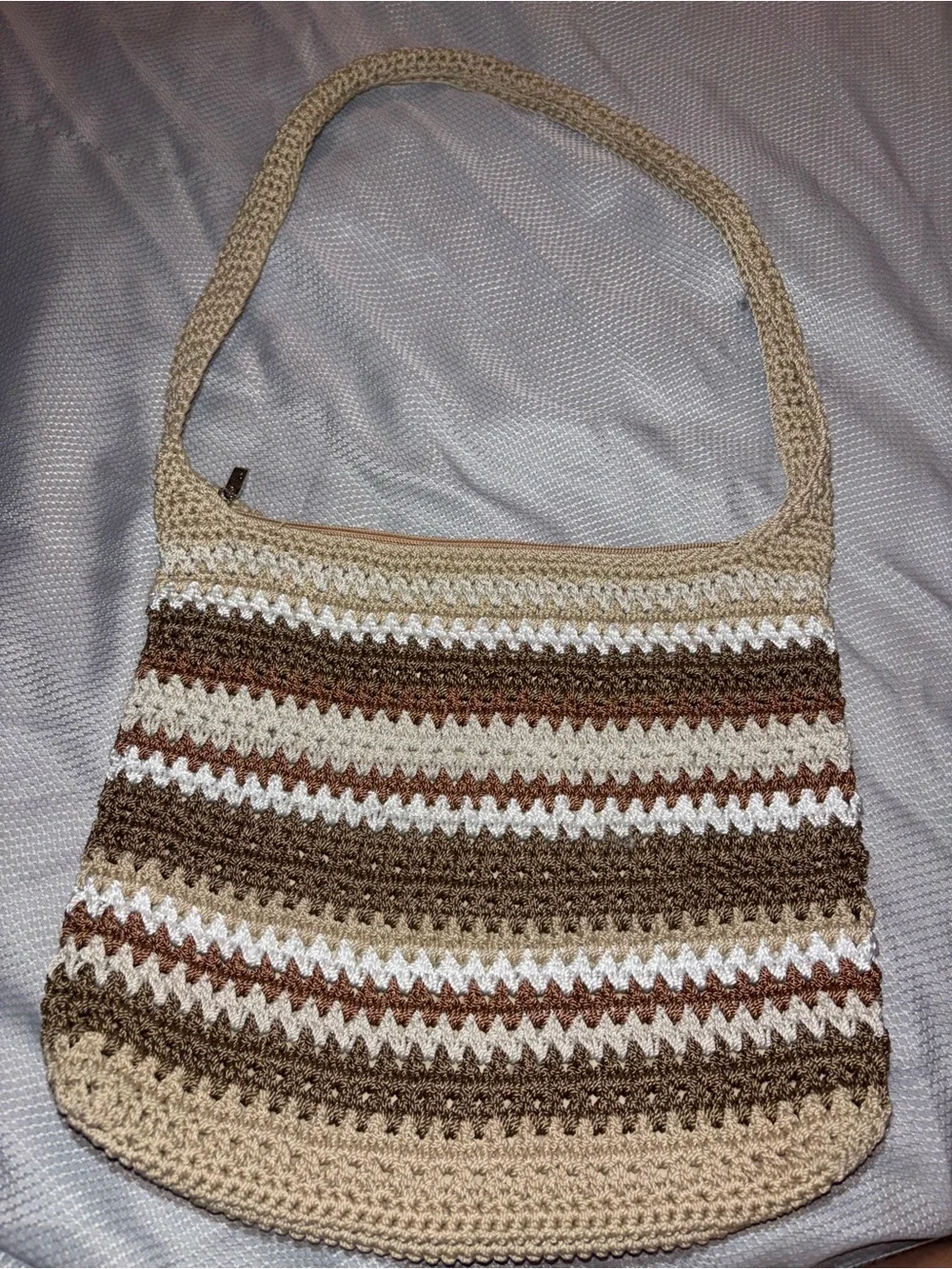 The Sak Handwoven Striped Crochet Shoulder Bag in Beige, Brown & White